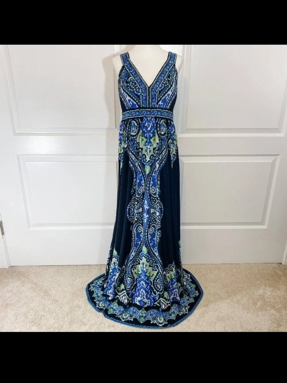 Blue Patterned V-Neck Maxi Dress